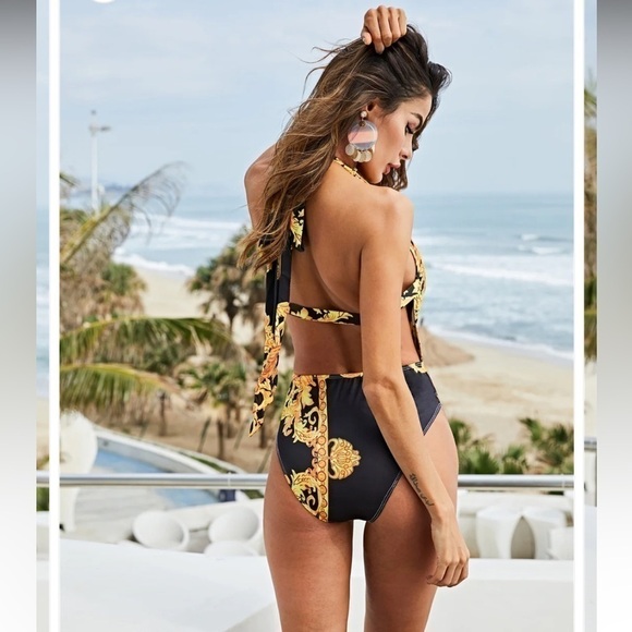 Orange, Yellow and black one piece low V cut Swim suit size Large - Picture 5 of 11